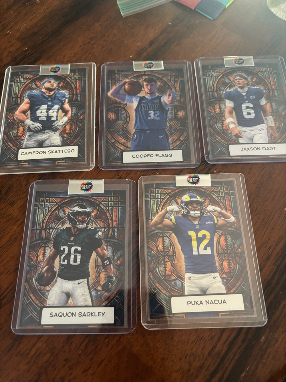 Set of 5 Football Trading Cards in Clear Protective Sleeves - Blue and White